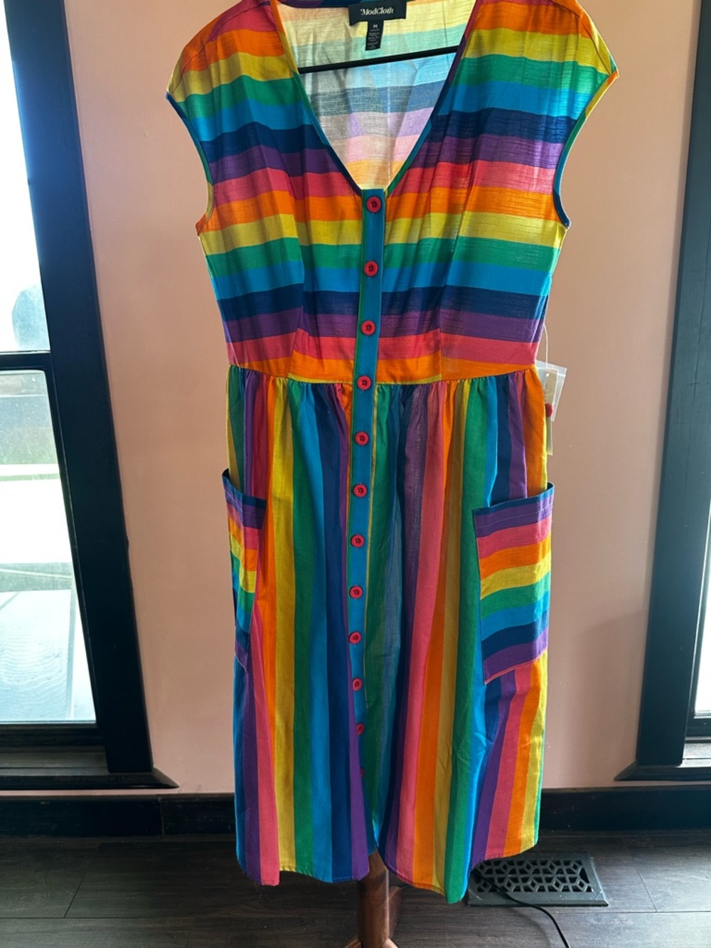 ModCloth Rainbow Stripe Button-Front Dress - Red Orange Yellow Green Blue Purple
